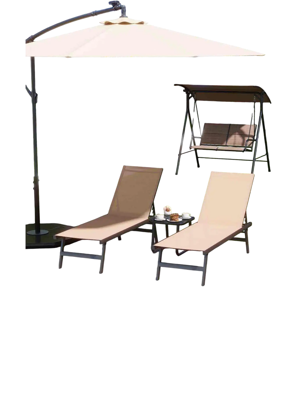 Chaise loungers and solar umbrella in a stylish outdoor setting, perfect for relaxation and dining by the pool.