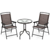 Two folding chairs with a side table in a bistro set, featuring durable steel and breathable fabric for outdoor use.