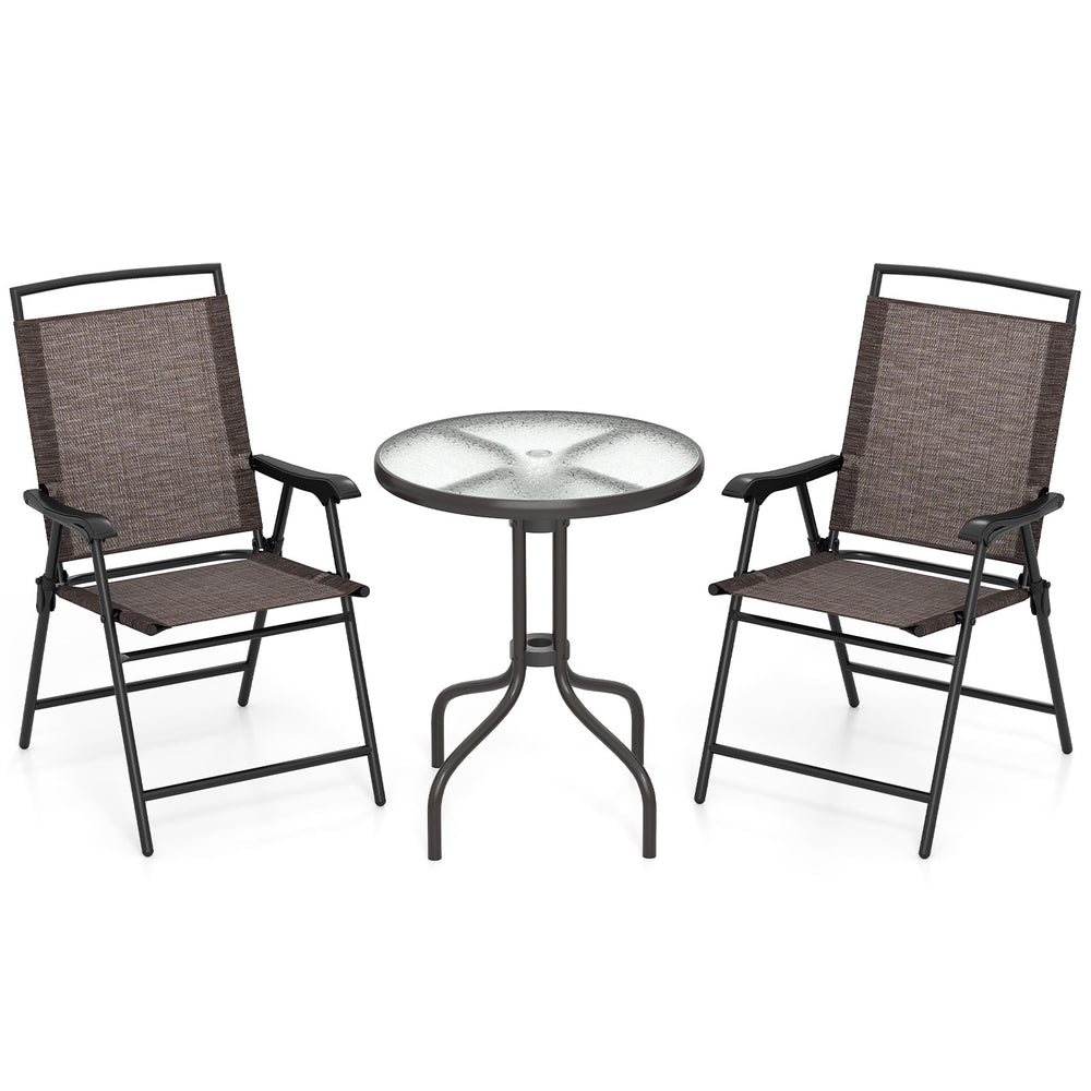 Two folding chairs with a side table in a bistro set, featuring durable steel and breathable fabric for outdoor use.