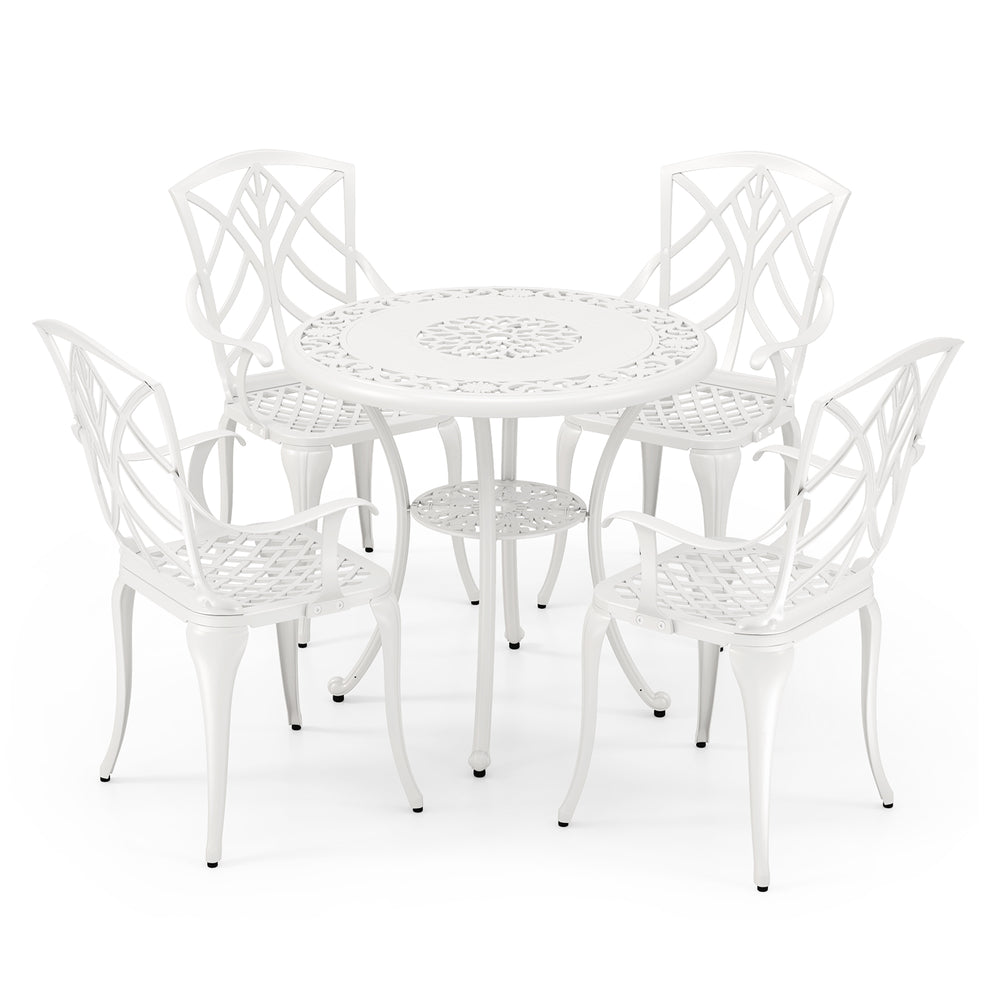 White bistro set featuring a round table and four chairs, crafted from durable cast aluminum for outdoor dining.