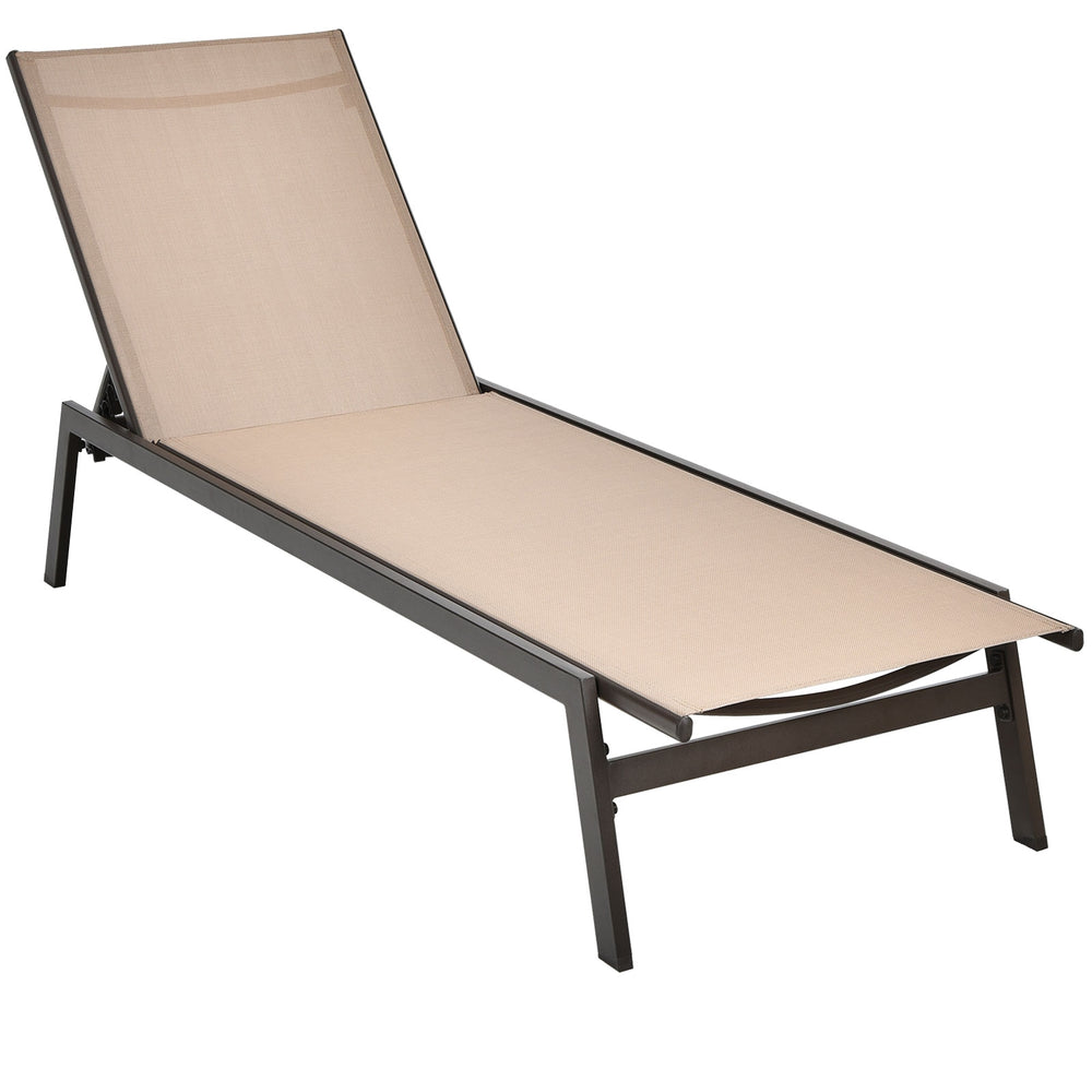 Chaise lounger with adjustable backrest in beige fabric and sturdy steel frame, perfect for outdoor relaxation.