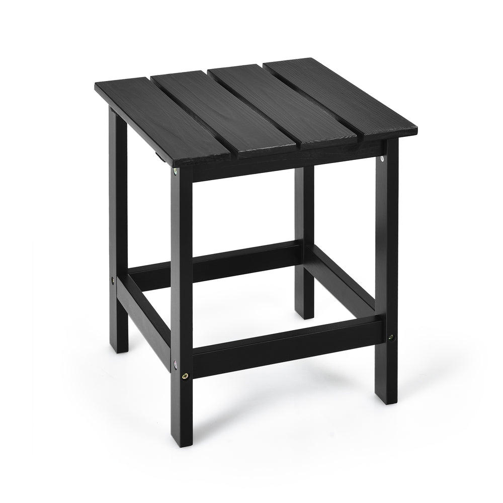 Black side table with slatted top, made from durable materials, perfect for outdoor patios and compact spaces.