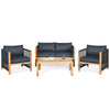 Outdoor conversation set featuring a sofa and two chairs with thick cushions, crafted from acacia wood for patio.