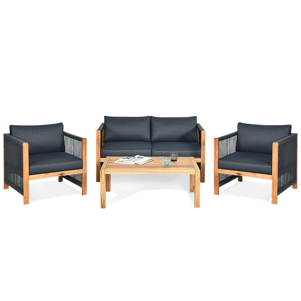 Outdoor conversation set featuring a sofa and two chairs with thick cushions, crafted from acacia wood for patio.