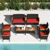 8-piece patio wicker sofa set featuring 4 rattan chairs and 2 loveseats with red cushions, perfect for outdoor.
