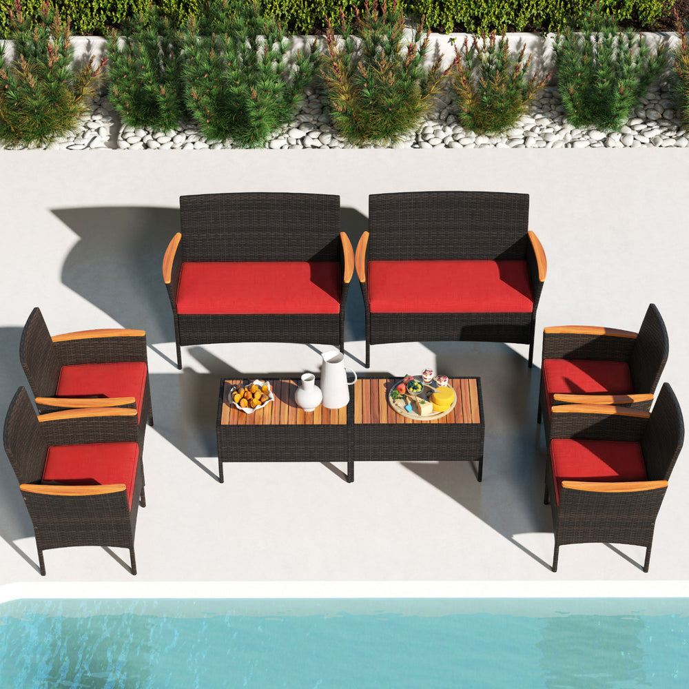 8 Piece Patio Wicker Sofa Set 4 Rattan Chairs and 2 Loveseat with 2 Table-Red - Gallery View 1 of 12