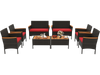 8-piece patio wicker sofa set showing a cozy loveseat with red cushions and elegant acacia wood armrests for outdoor.