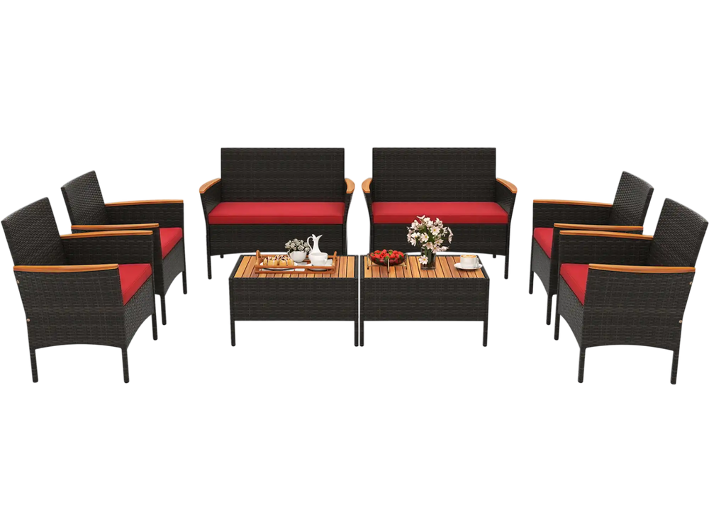 8-piece patio wicker sofa set showing a cozy loveseat with red cushions and elegant acacia wood armrests for outdoor.