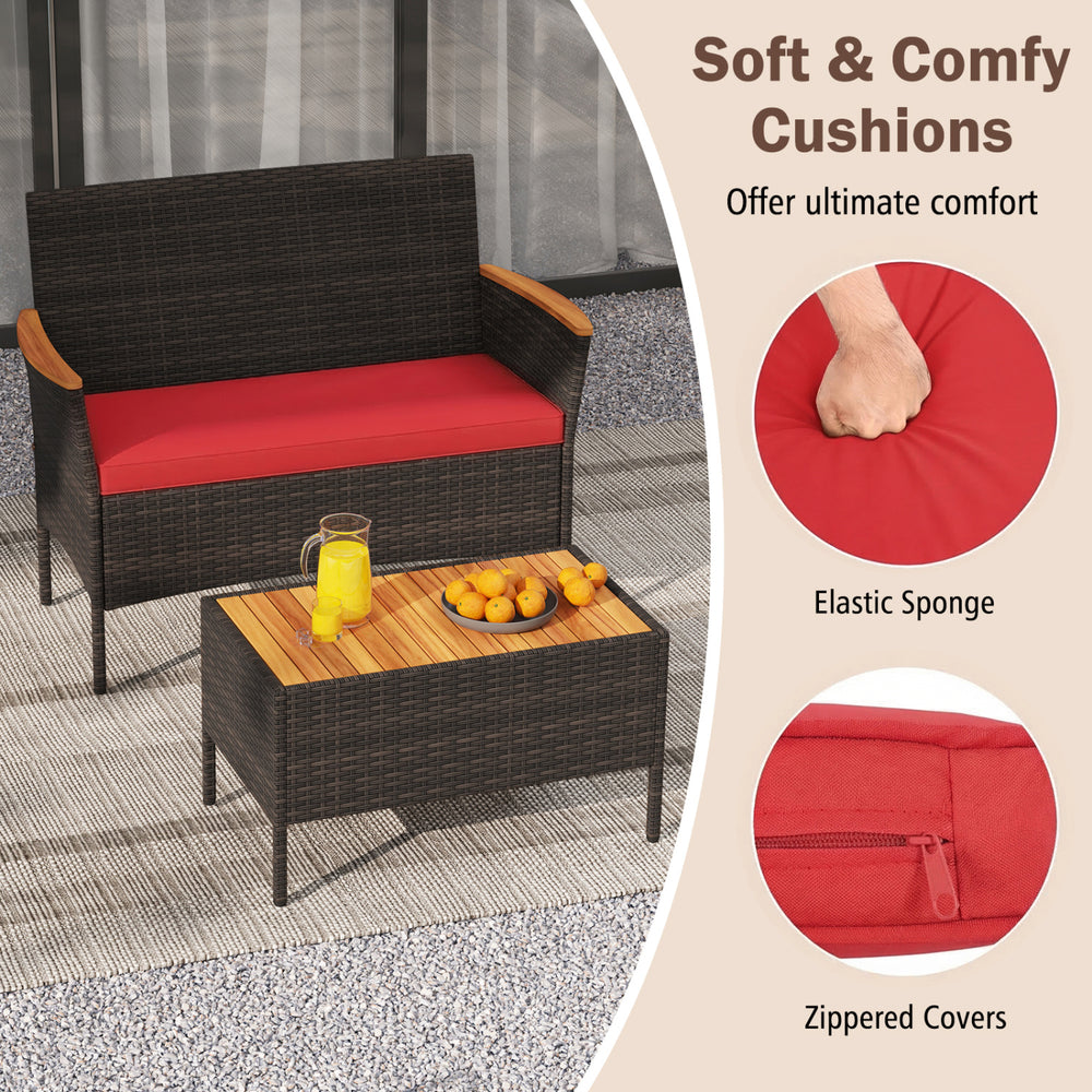 Red cushion detail of the 8-piece patio wicker sofa set with PE rattan, featuring zippered covers for easy cleaning.