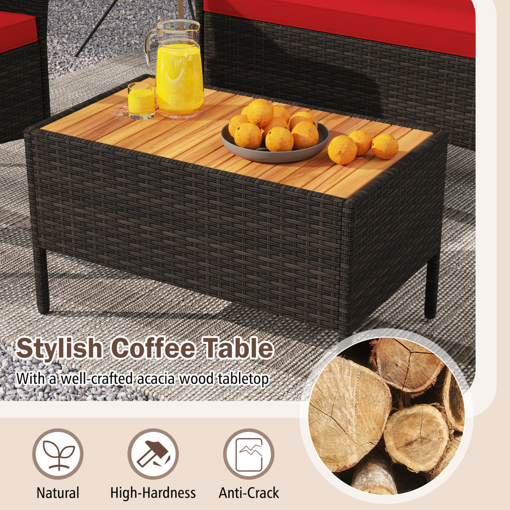 Stylish coffee table featuring a natural acacia wood tabletop, designed for the 8-piece patio wicker sofa set.