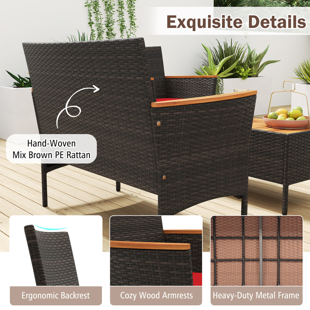 Hand-woven mix brown PE rattan chair with acacia wood armrests, ergonomic backrest, perfect for outdoor relaxation.