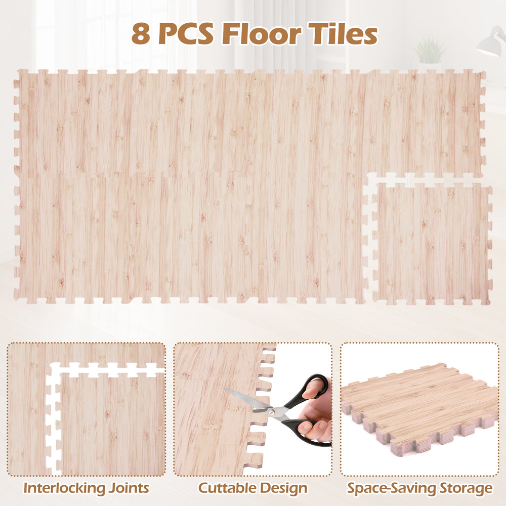 8 pieces of interlocking EVA foam floor tiles with wood texture, ideal for living rooms and gyms, featuring a cuttable.