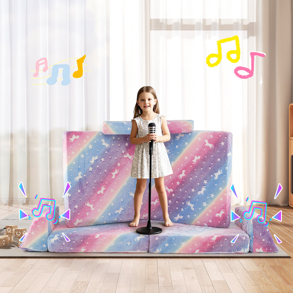 Colorful 8-piece modular kids play couch with glow-in-the-dark patterns, perfect for creative play and cozy relaxation.