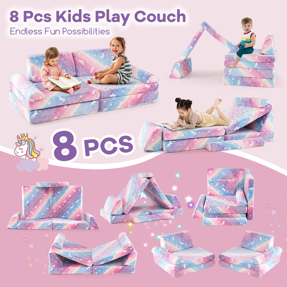 Modular 8-piece kids play couch in multicolor with glow-in-the-dark patterns, perfect for creative play and cozy.