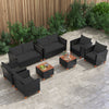 Lounge area featuring an 8-piece outdoor seating arrangement with black cushions and a multifunctional storage coffee table.