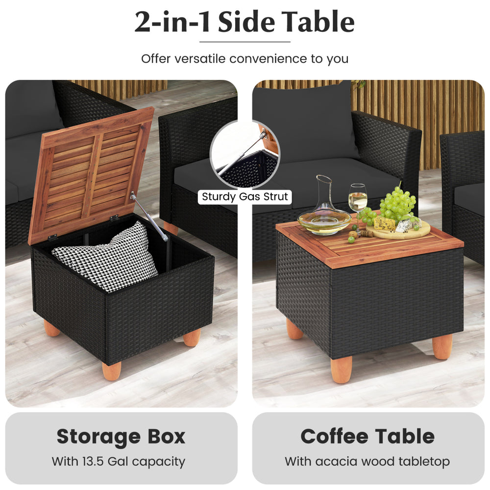 Storage coffee table with acacia wood top and 13.5-gal capacity, ideal for outdoor use in backyard or garden.