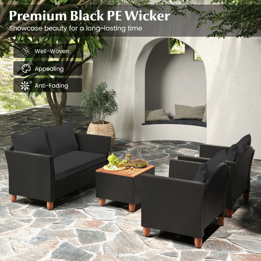 Outdoor conversation set featuring well-woven black PE rattan, soft cushions, and a versatile storage coffee table.