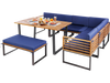 Patio dining set featuring acacia wood table and navy cushions, ideal for outdoor relaxation on the deck or poolside.