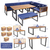 8-piece patio dining set featuring acacia wood table, navy cushions, and ottoman for backyard relaxation.