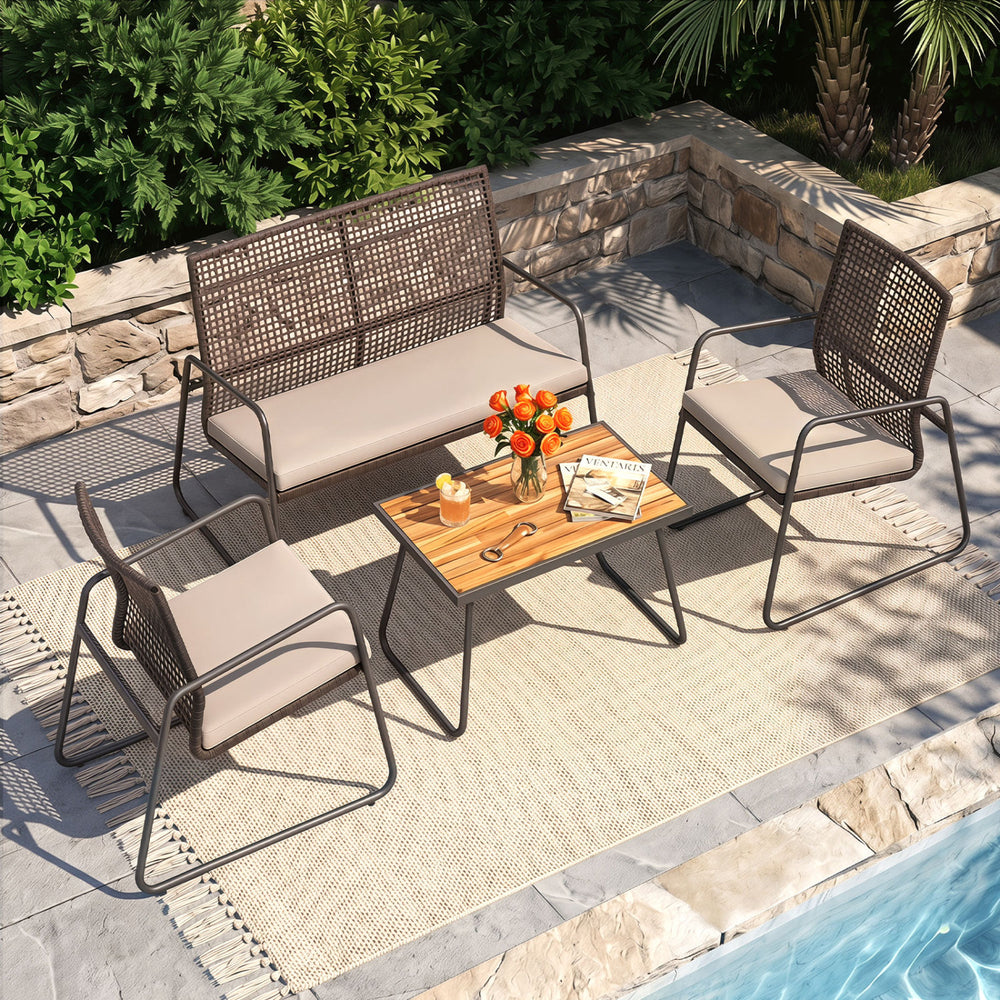 Patio furniture set featuring hand-woven PE rattan, acacia wood coffee table, and zippered cushions for outdoor comfort.