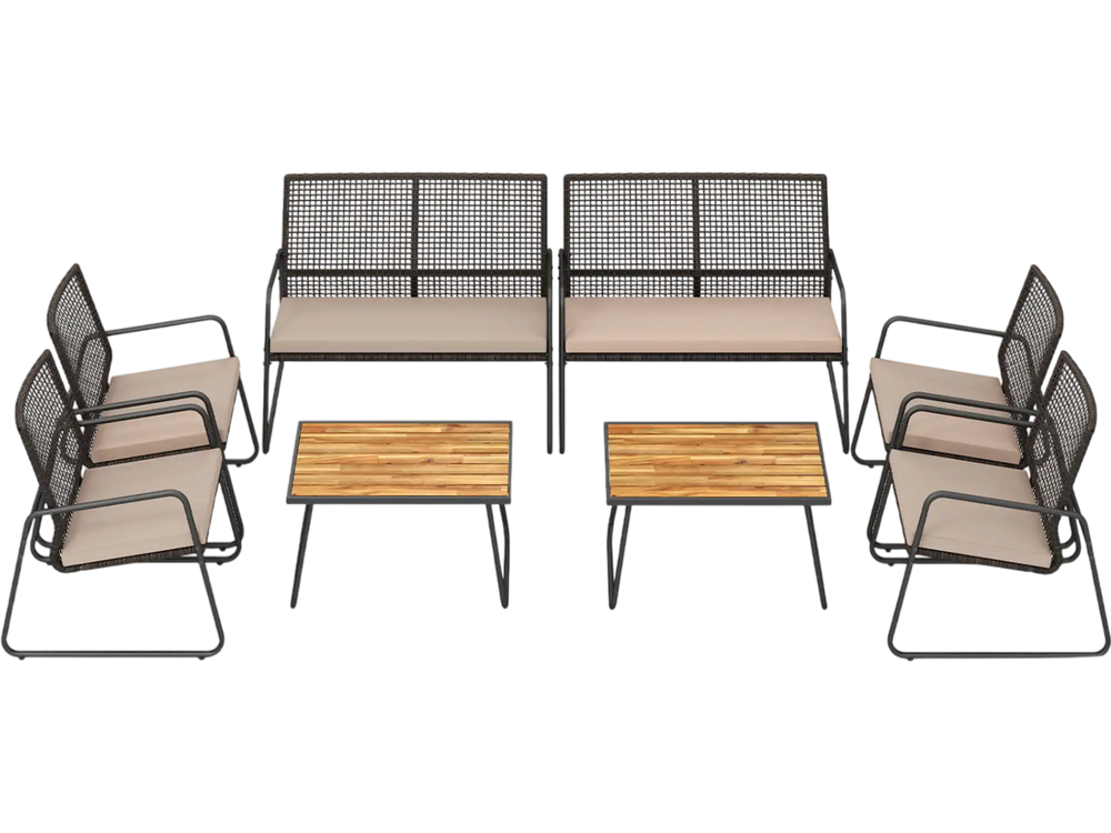 8-piece patio furniture set featuring acacia wood coffee table and zippered cushions, ideal for outdoor relaxation.