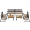 8-piece patio furniture set featuring hand-woven PE rattan, acacia wood coffee table, and zippered cushions for outdoor comfort.