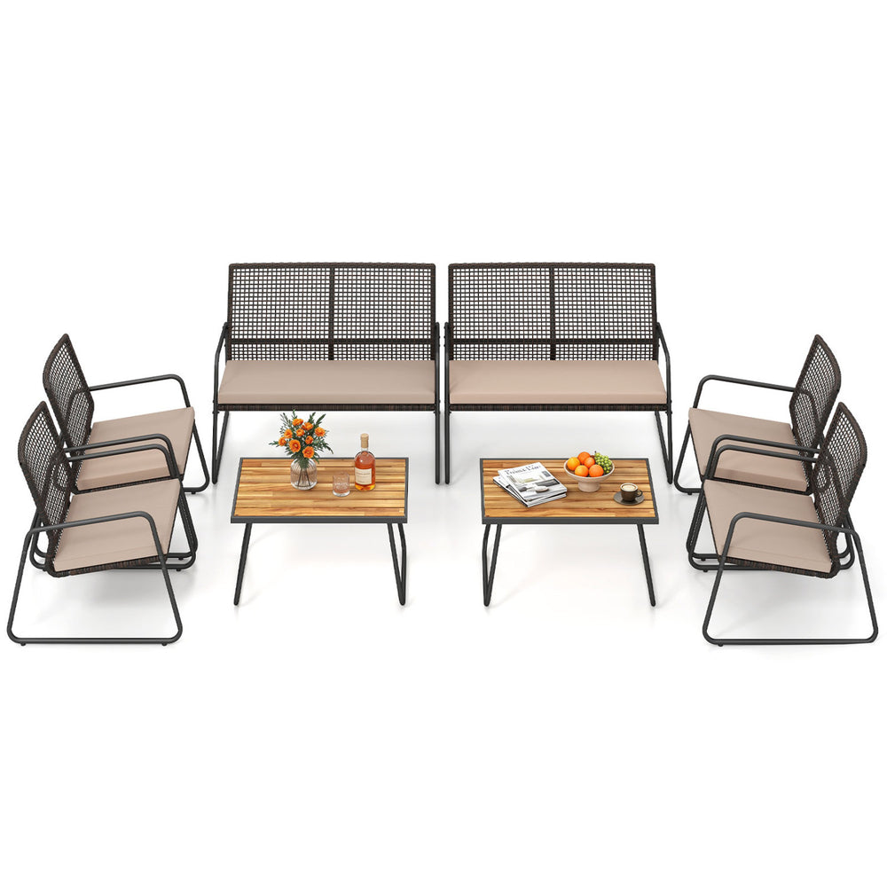 8-piece patio furniture set featuring hand-woven PE rattan, acacia wood coffee table, and zippered cushions for outdoor comfort.