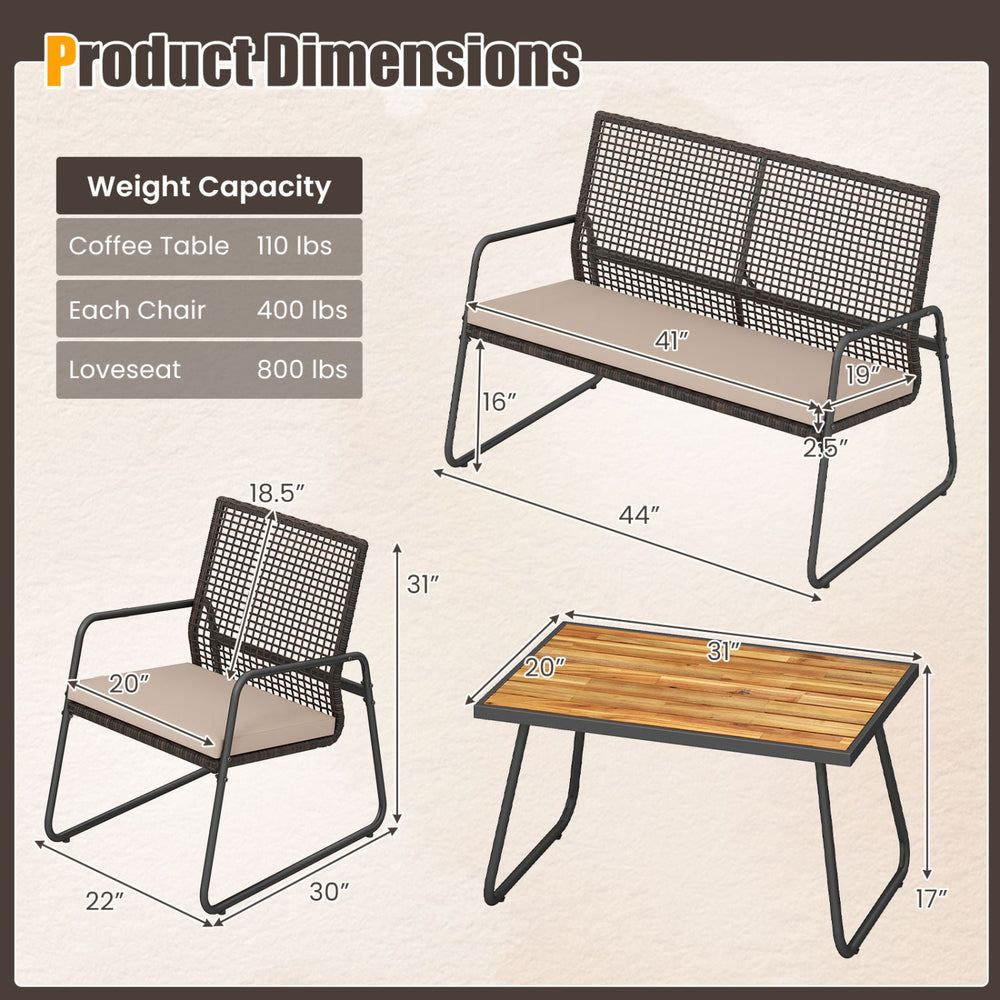 Patio furniture set featuring a solid acacia wood coffee table, breathable PE rattan, and zippered cushions for outdoor comfort.