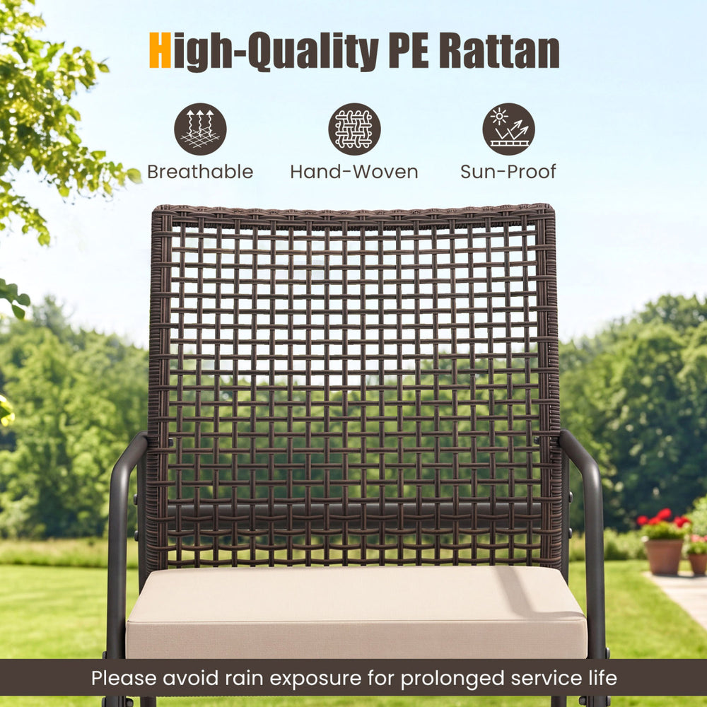 High-quality hand-woven PE rattan chair with breathable design and zippered cushion, perfect for patio relaxation.