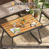 Acacia wood coffee table with a smooth finish, surrounded by a stylish 8-piece patio furniture set for outdoor relaxation.