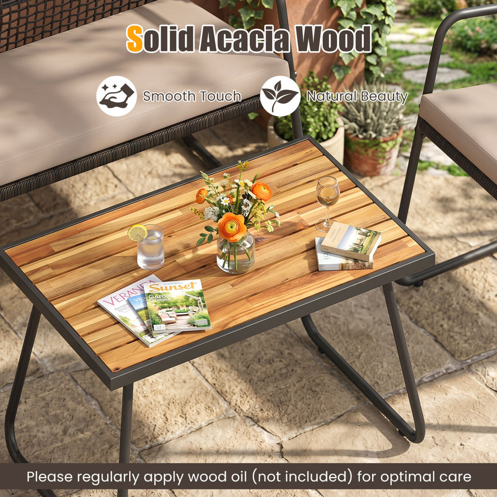 Acacia wood coffee table with a smooth finish, surrounded by a stylish 8-piece patio furniture set for outdoor relaxation.