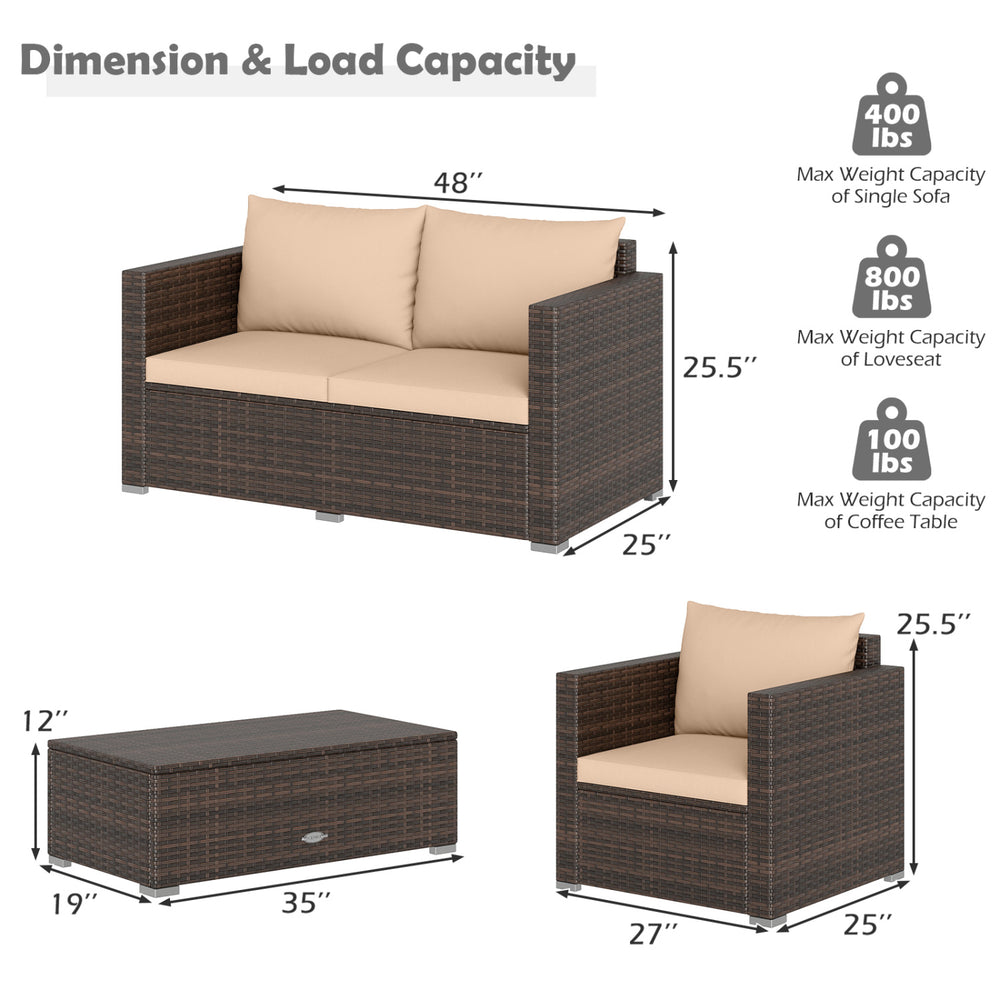 Dimensions and load capacity of the 8 Pieces Patio Rattan Conversation Set with brown padded cushions for outdoor use.