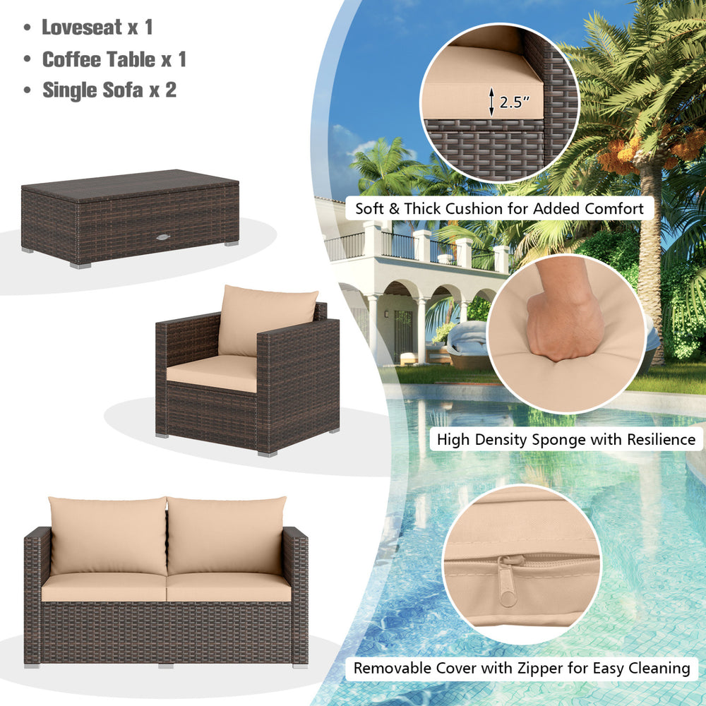 Patio rattan conversation set featuring a loveseat, coffee table, and padded cushions for outdoor relaxation.