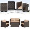 Patio rattan conversation set featuring 2 loveseats, 4 single sofas, and 2 tables with weather-resistant cushions for outdoor use.