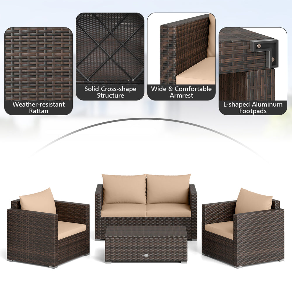 Patio rattan conversation set featuring 2 loveseats, 4 single sofas, and 2 tables with weather-resistant cushions for outdoor use.