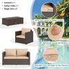 Patio rattan conversation set includes a loveseat, two single sofas, and a coffee table with soft, weather-resistant cushions.