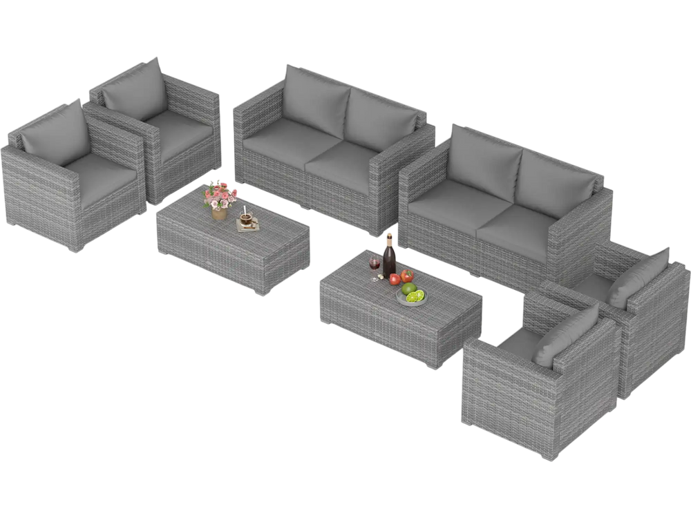 8-piece patio rattan conversation set in gray with padded cushions, perfect for gardens and outdoor relaxation.