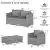 Dimensions and load capacity of the 8 Pieces Patio Rattan Conversation Set with gray padded cushions for outdoor use.