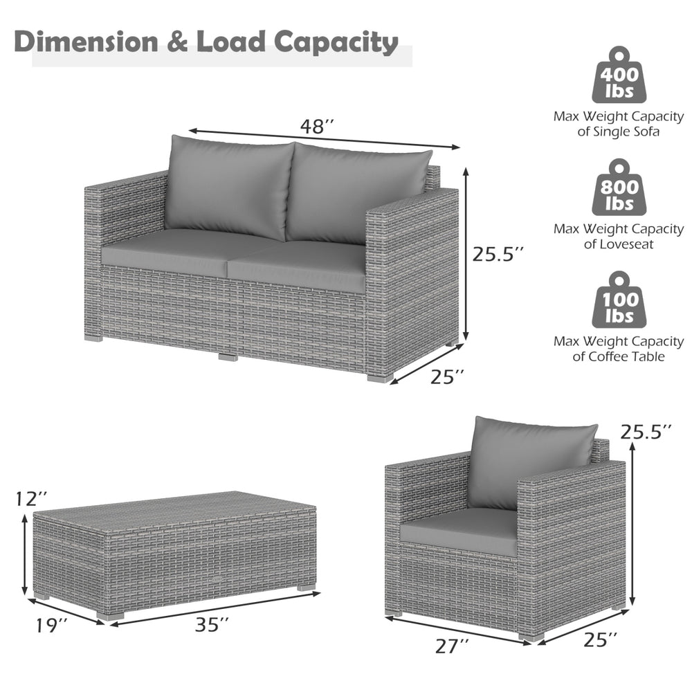 Dimensions and load capacity of the 8 Pieces Patio Rattan Conversation Set with gray padded cushions for outdoor use.