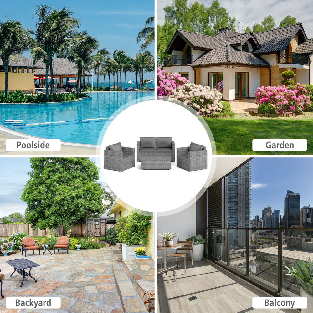 Patio rattan conversation set with gray cushions, including sofas and tables, perfect for outdoor relaxation in various settings.