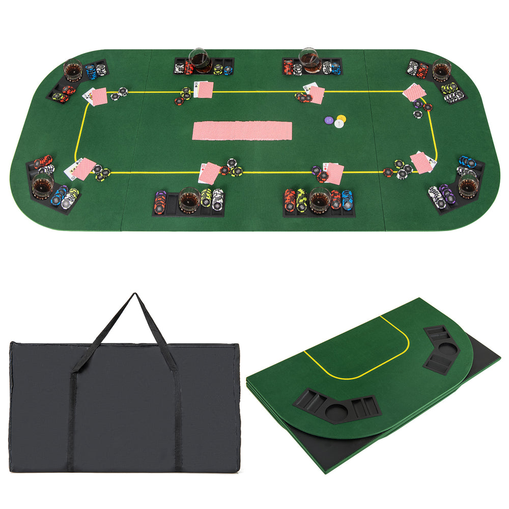 79-inch foldable poker table top with cup holders, designed for 8 players, includes carrying bag for easy transport.