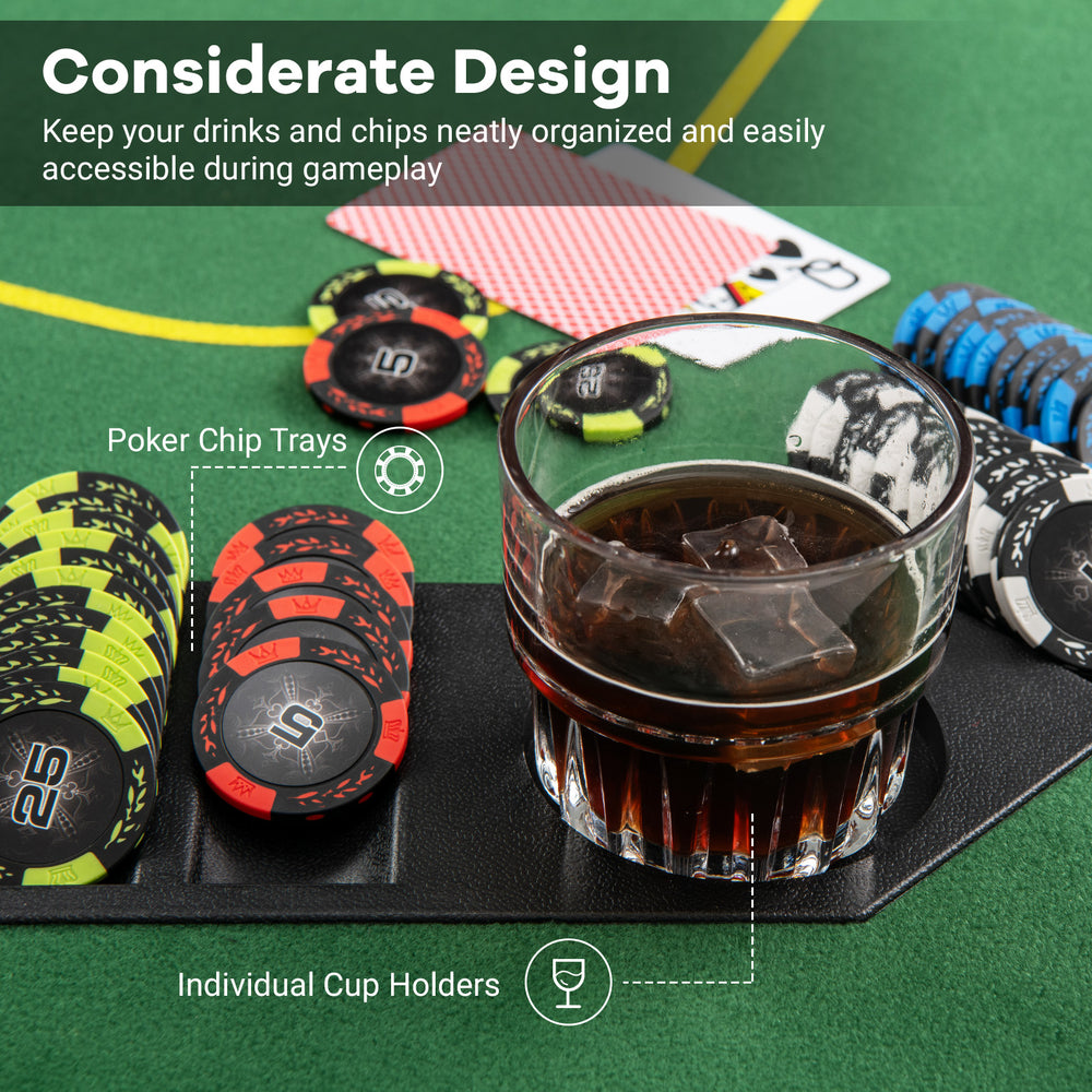 Foldable 79" poker table top with cup holders and chip trays, designed for 8 players, perfect for game nights.