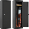 Large black gun cabinet with 8 rifle storage, top shelf, and secure locking system for safety in living spaces.