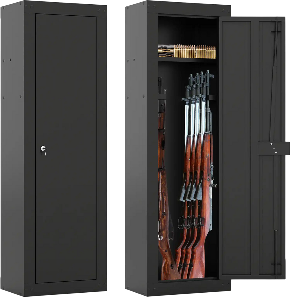 Large black gun cabinet with 8 rifle storage, top shelf, and secure locking system for safety in living spaces.