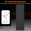 Large black gun cabinet with pre-drilled mounting holes for secure wall and floor attachment, featuring storage shelf.