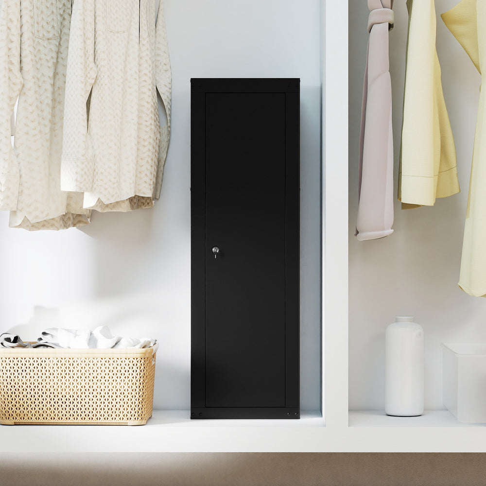 Black 8 rifle safe gun cabinet with storage shelf, featuring a sturdy design and secure locking system for safety.