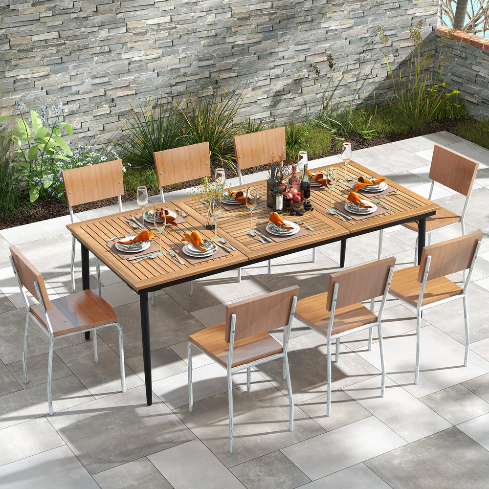 Spacious 79-inch acacia wood outdoor dining table for 8, featuring sturdy construction and a stylish slatted design.