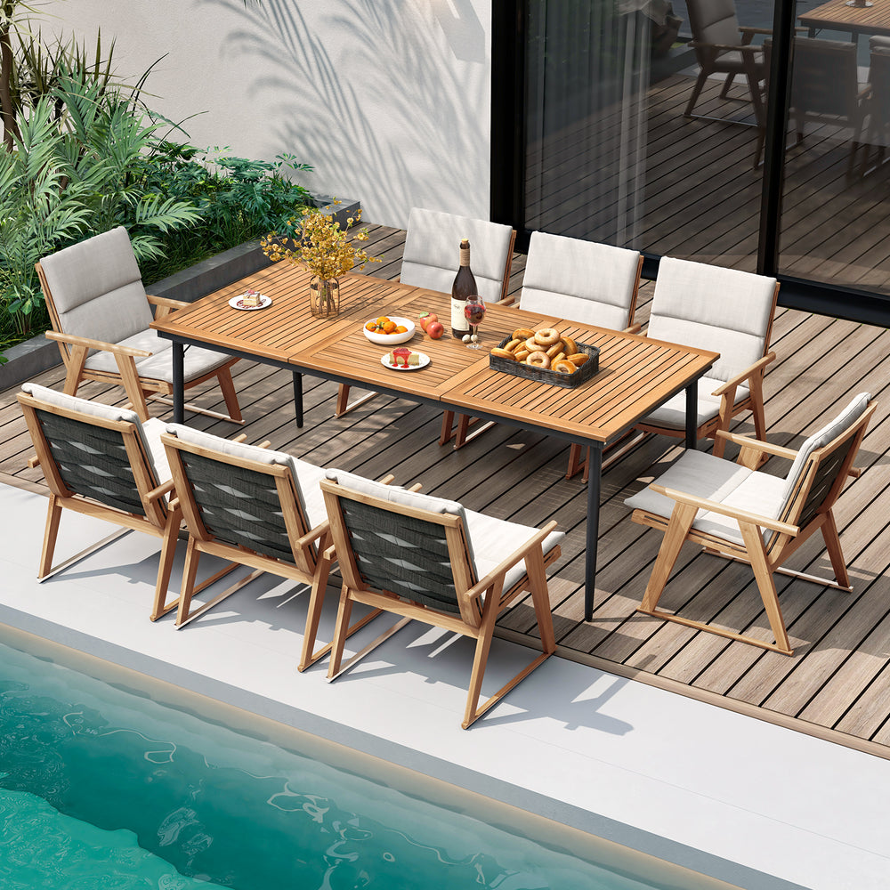79-inch acacia wood outdoor dining table for 8 with umbrella hole, perfect for backyard gatherings and dining.