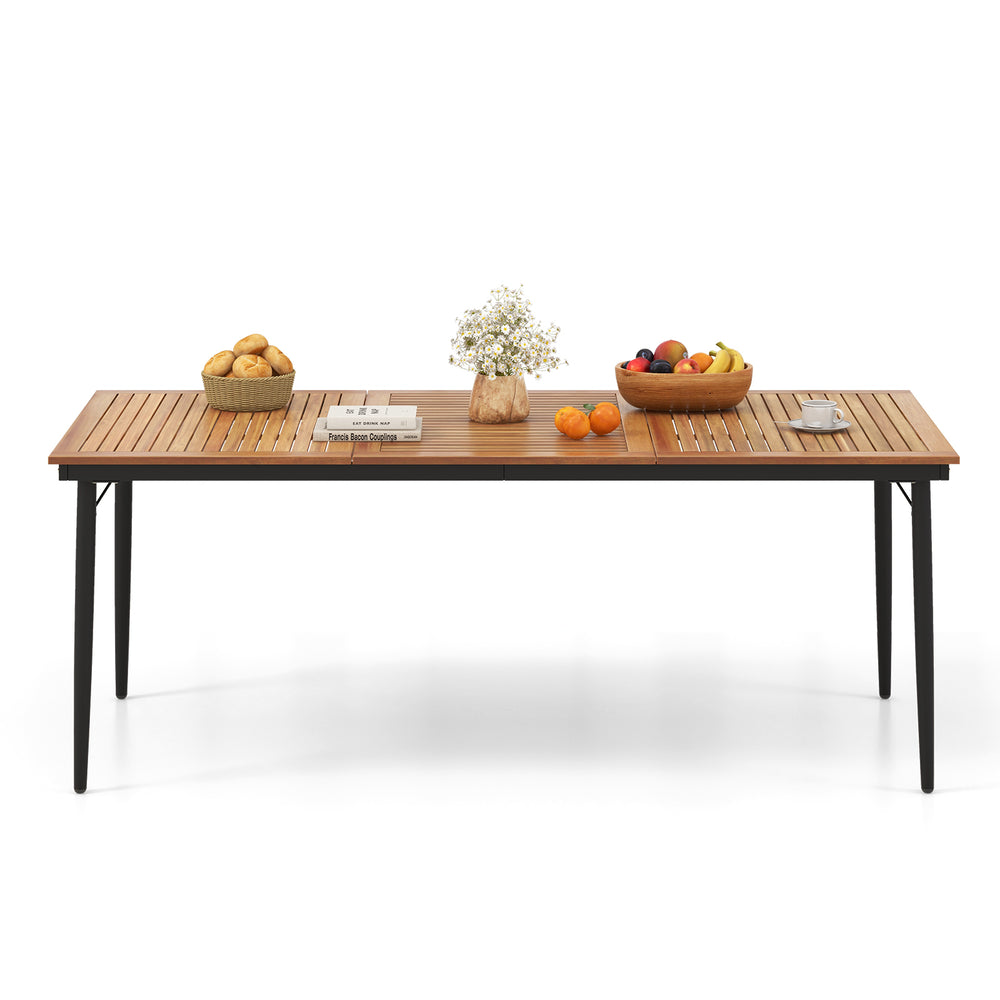 Acacia wood outdoor dining table for 8 with a spacious slatted top, ideal for dining or working in your backyard.
