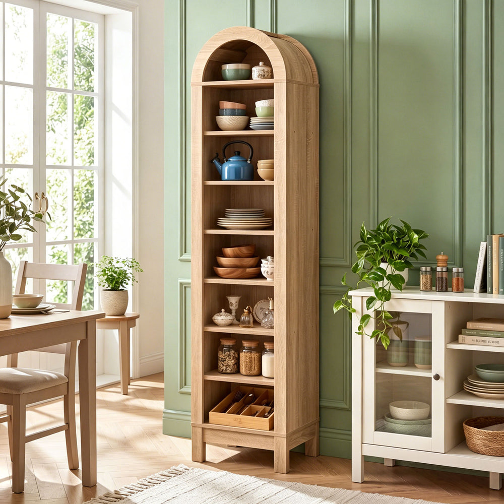 8-tier modern arch bookshelf in natural finish with adjustable shelves, ideal for stylish storage in any room.